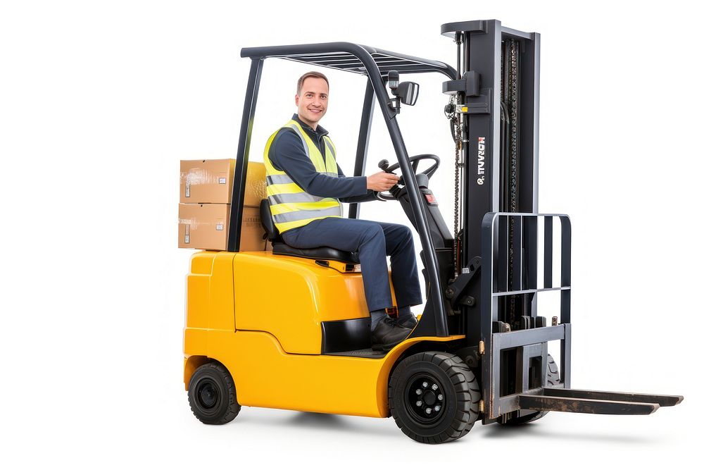 Man driving forklift loader warehouse pallet truck. AI generated Image by rawpixel.