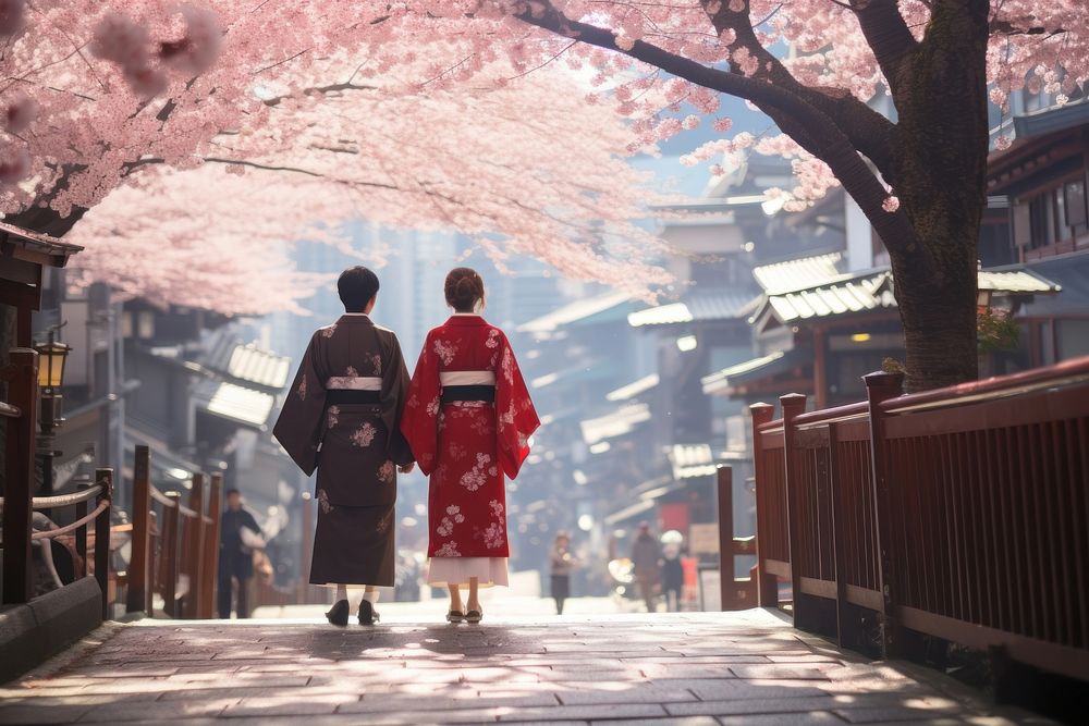 Blossom street kimono walking. AI generated Image by rawpixel.