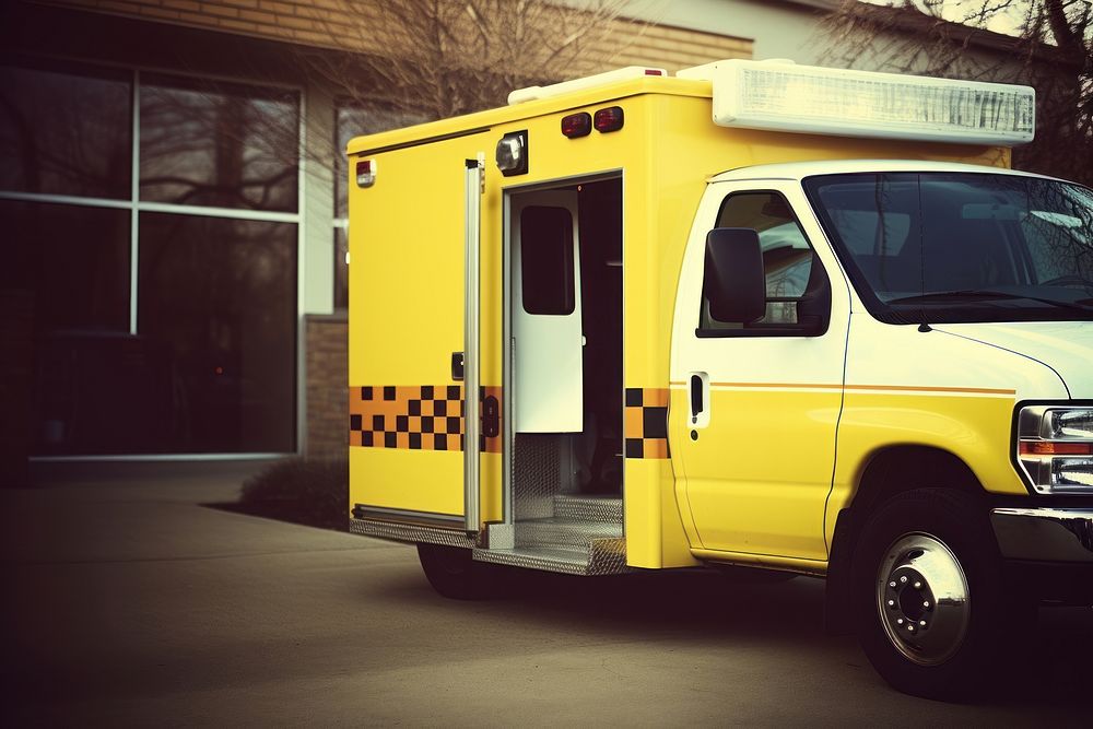 Ambulance in front of hospital ambulance vehicle van.