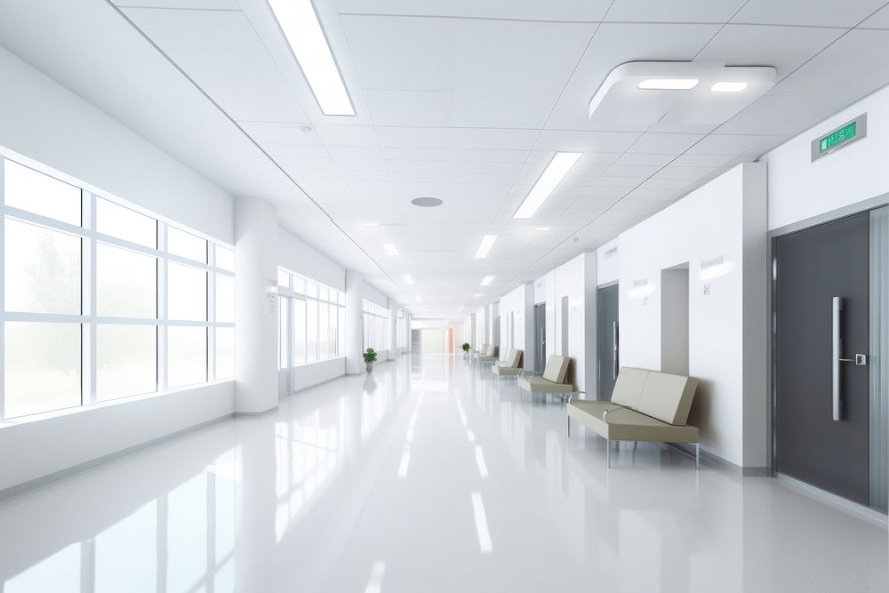 Bright Modern Hospital Hall architecture corridor hospital. AI generated Image by rawpixel.