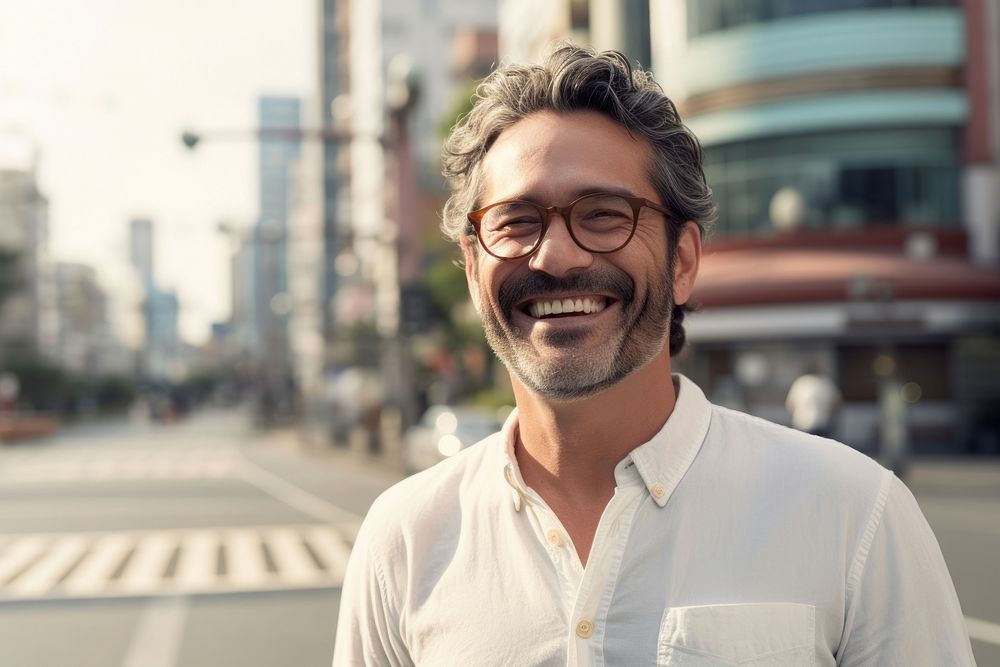 Hispanic tourist laughing glasses smiling. 