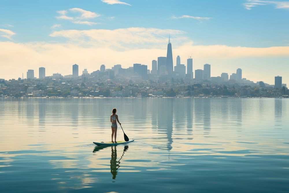 City paddle oars paddleboarding. AI generated Image by rawpixel.