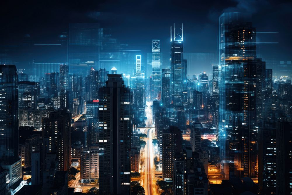 City architecture illuminated cityscape. AI generated Image by rawpixel.