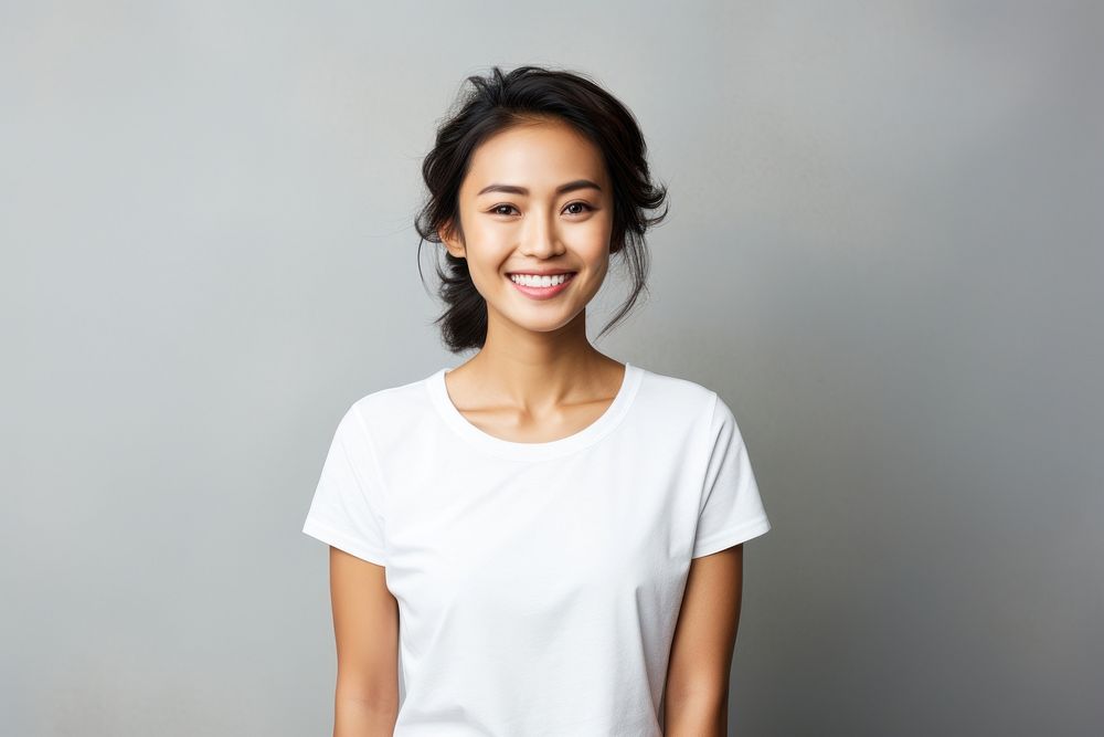 Woman t-shirt portrait smiling. AI generated Image by rawpixel.