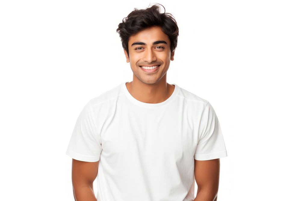 Man t-shirt portrait smiling. AI generated Image by rawpixel.