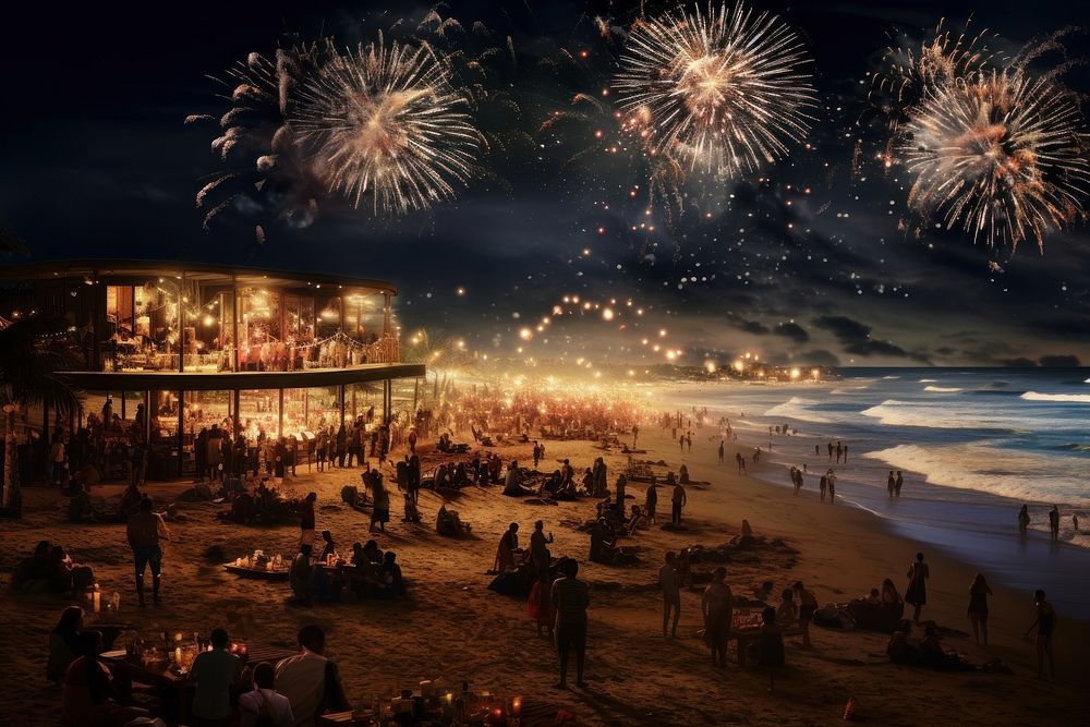 New year beach nightlife fireworks. AI generated Image by rawpixel.