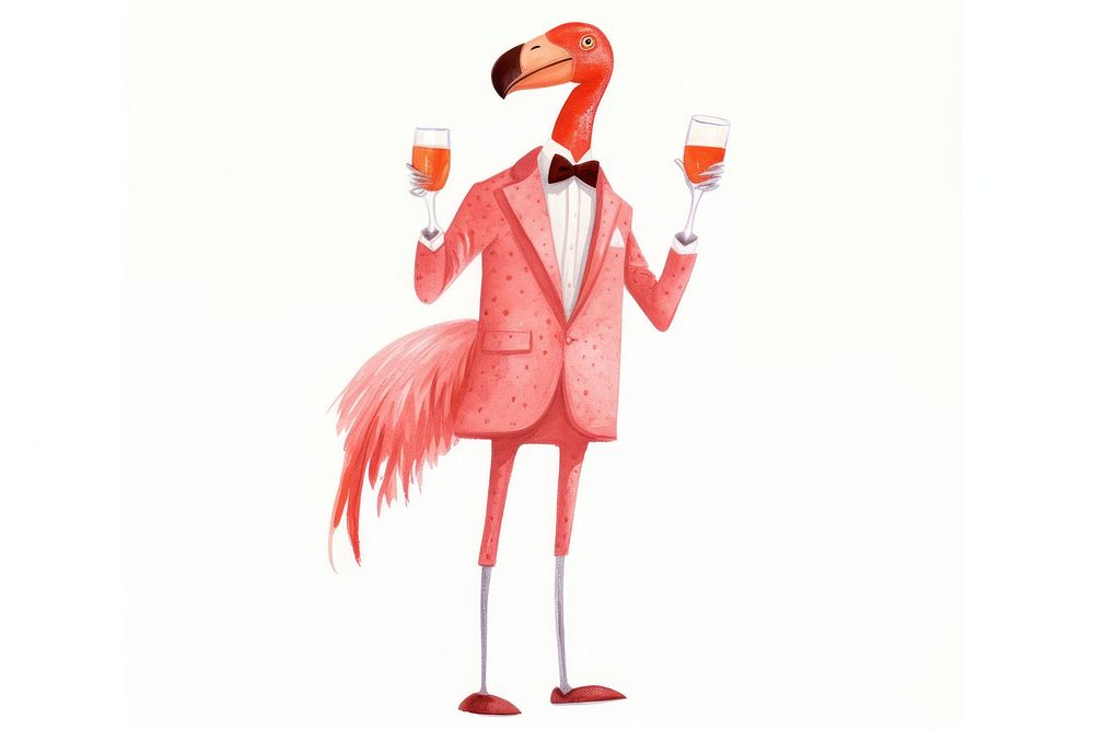 Holding champagne flamingo bird white background. AI generated Image by rawpixel.