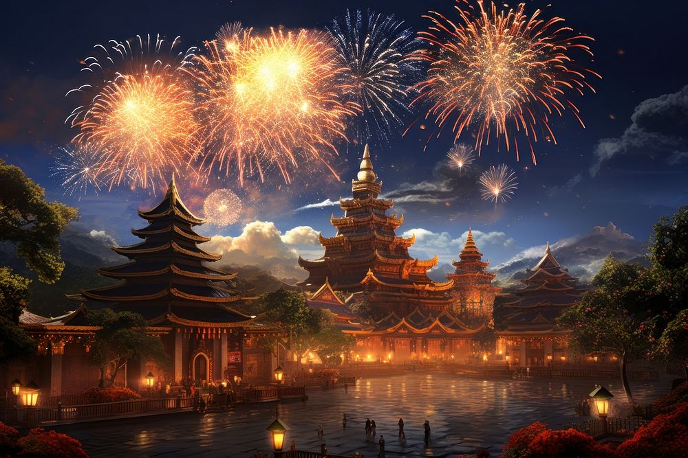 New years fireworks temple city. Premium Photo Illustration rawpixel