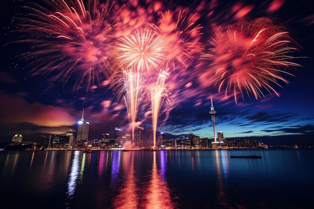 New Years architecture cityscape fireworks. AI generated Image by rawpixel.