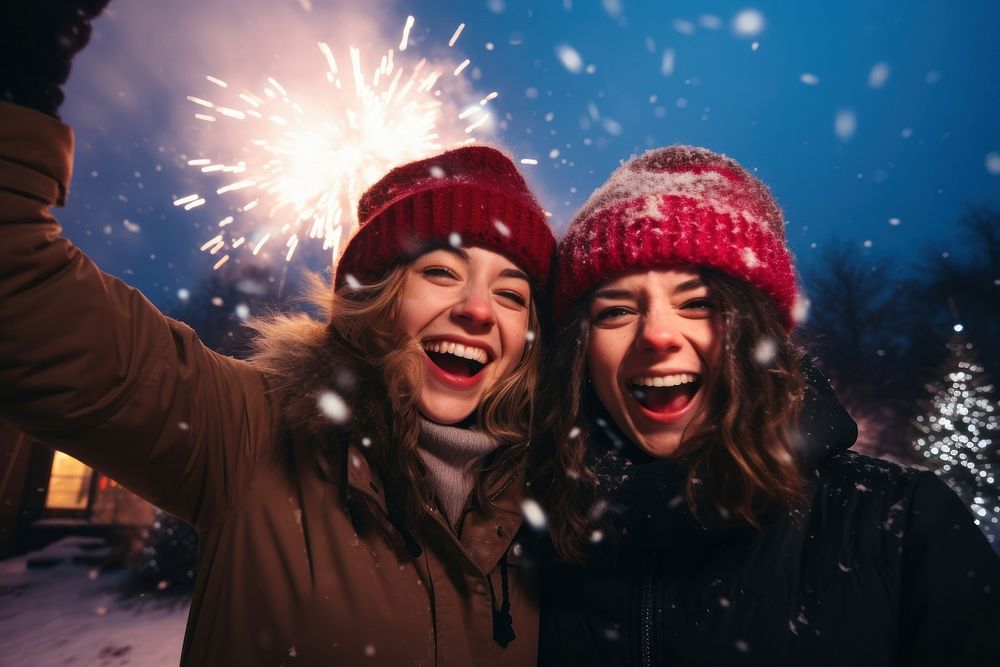 New years friends laughing outdoors. AI generated Image by rawpixel.