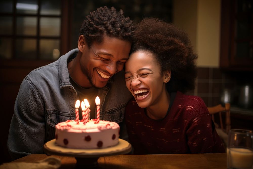 Happy Black South African couple birthday laughing dessert. AI generated Image by rawpixel.