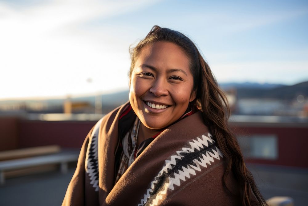 Chubby native american woman smiling portrait smile scarf. AI generated Image by rawpixel.