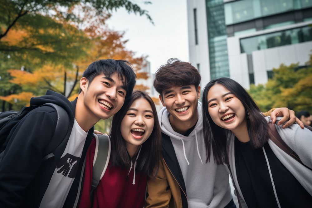 Asian college group university laughing people. AI generated Image by rawpixel.