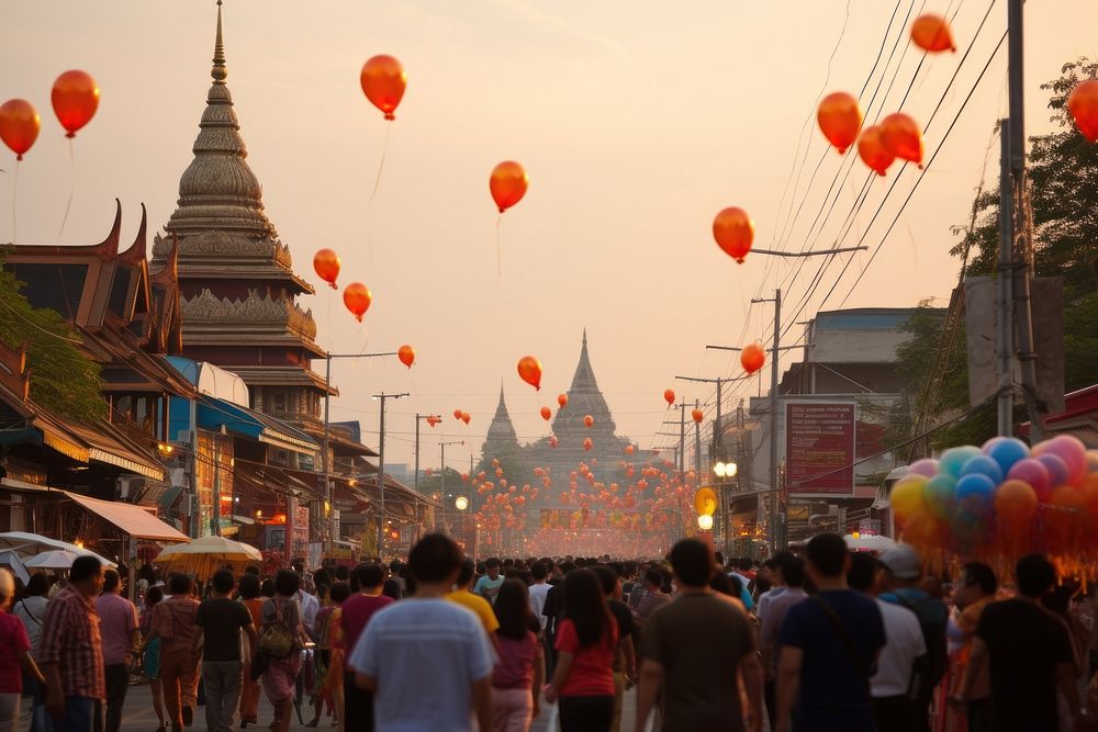A walking street balloon celebration temple. AI generated Image by rawpixel.