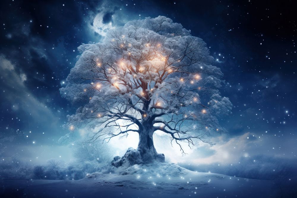 Fantasy tree outdoors snowing nature. AI generated Image by rawpixel.