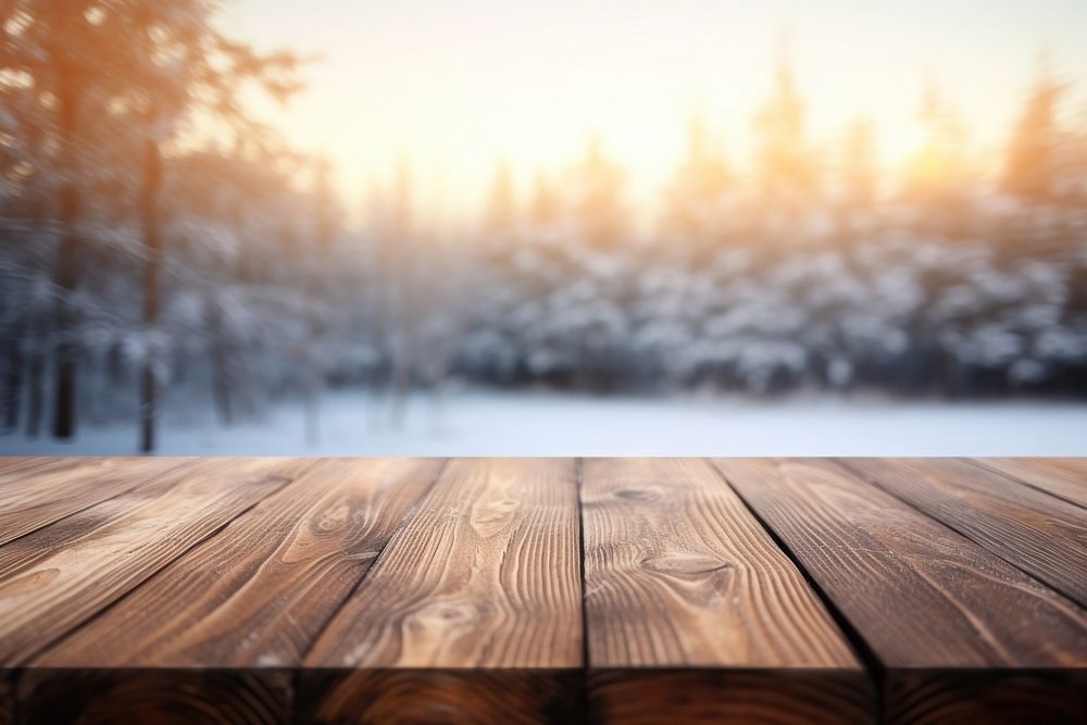 Wooden table outdoors winter nature. AI generated Image by rawpixel.