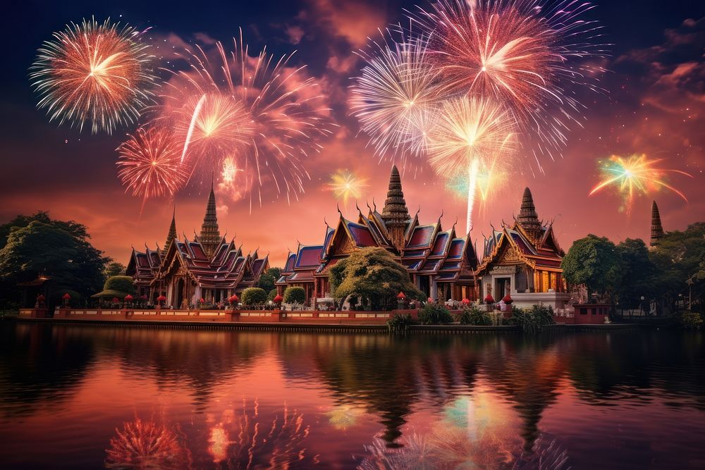 Thailand temple fireworks celebration landscape. AI generated Image by rawpixel.
