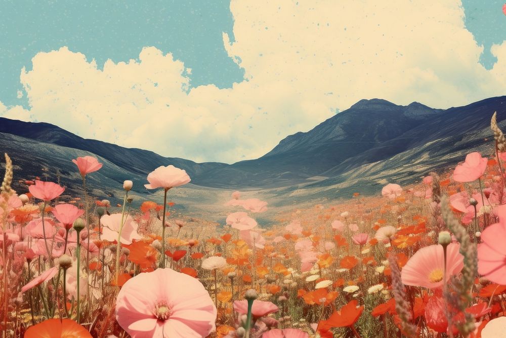 Flower field landscape mountain outdoors. AI generated Image by rawpixel.