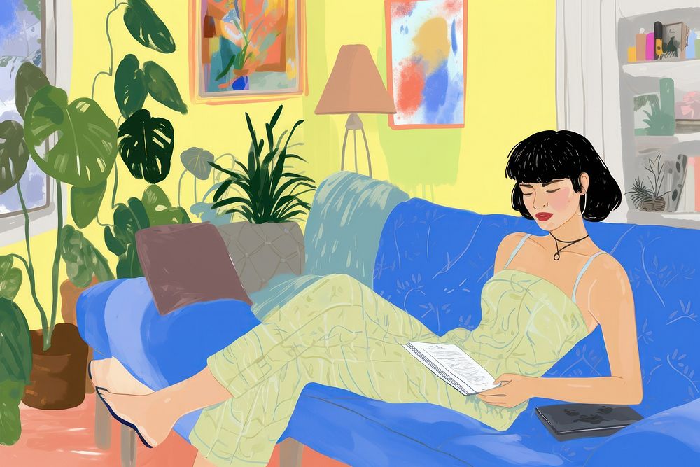 A woman reading a book furniture art comfortable. AI generated Image by rawpixel.