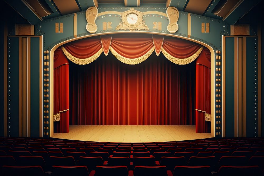 Movie theater auditorium stage architecture. 