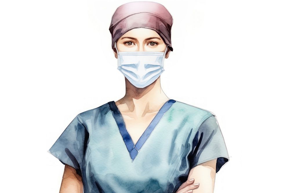 Nurse wearing medical mask watercolor white background stethoscope protection. AI generated Image by rawpixel.