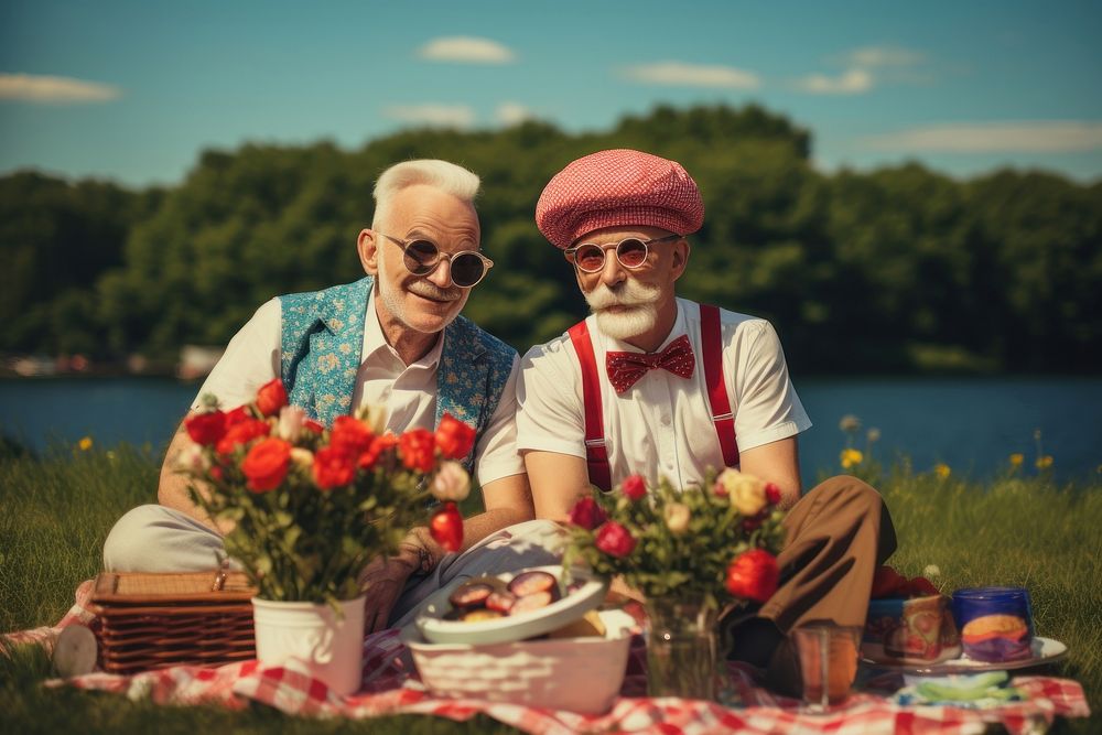 Older gay couple having a picnic portrait outdoors glasses. AI generated Image by rawpixel.