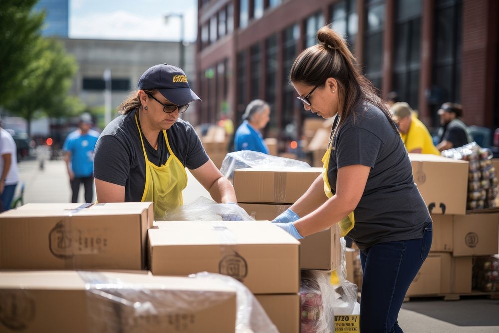 Charity workers packing donated food cardboard city box. AI generated Image by rawpixel.