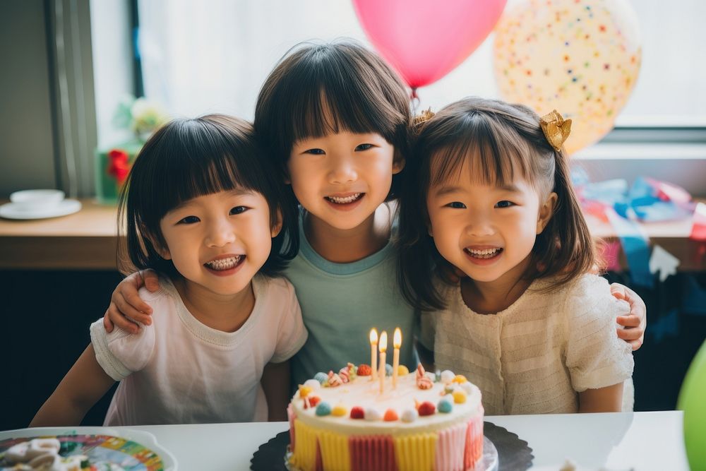 Mixed japanese kids celebrate birthday party dessert balloon. AI generated Image by rawpixel.