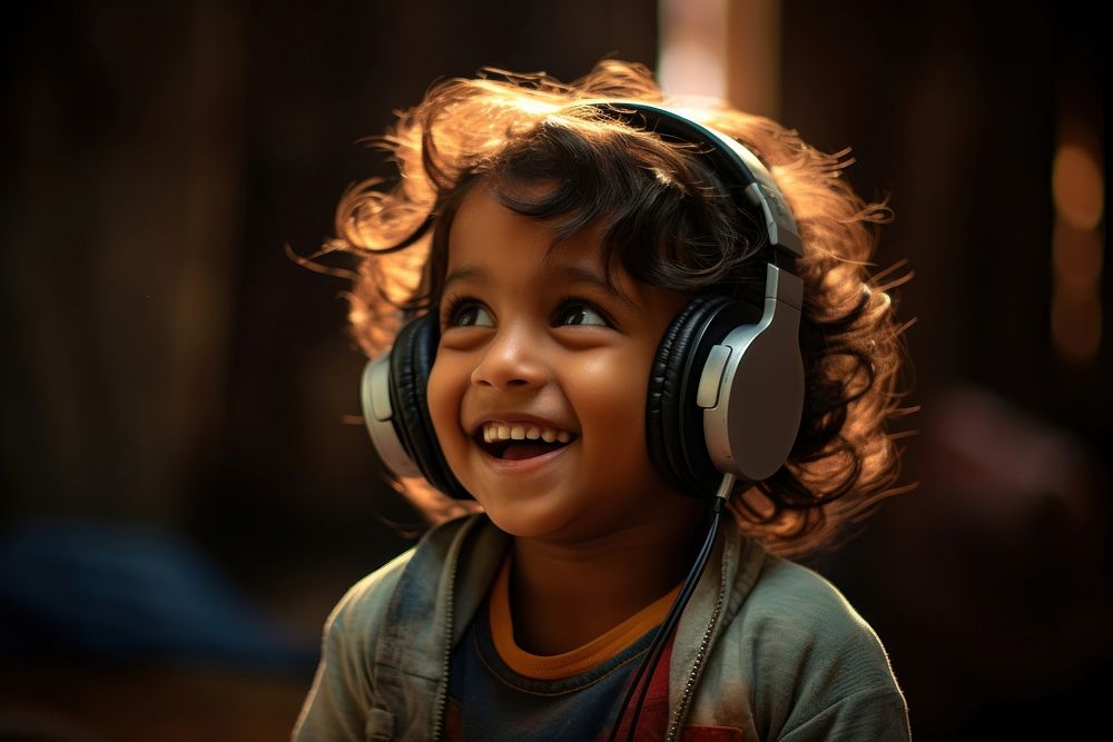 Child headphones listening portrait. AI generated Image by rawpixel.