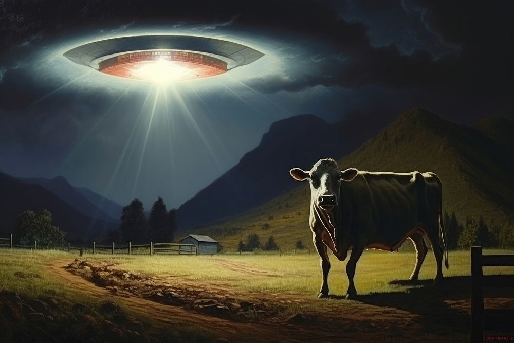 UFO abduction a cow livestock outdoors nature. AI generated Image by rawpixel.