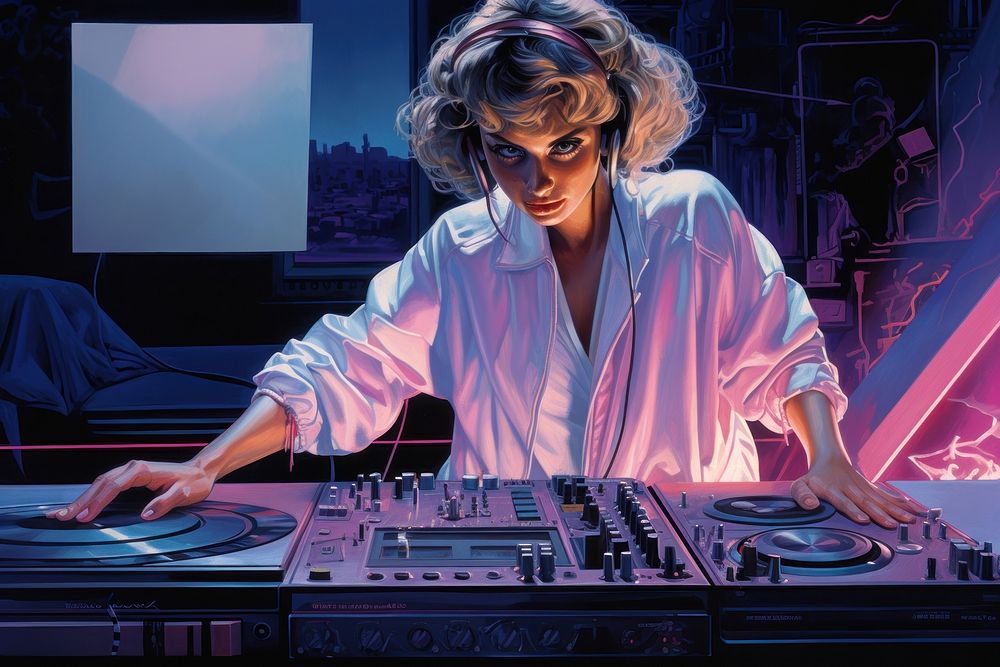 DJ using turntable adult technology nightclub. AI generated Image by rawpixel.