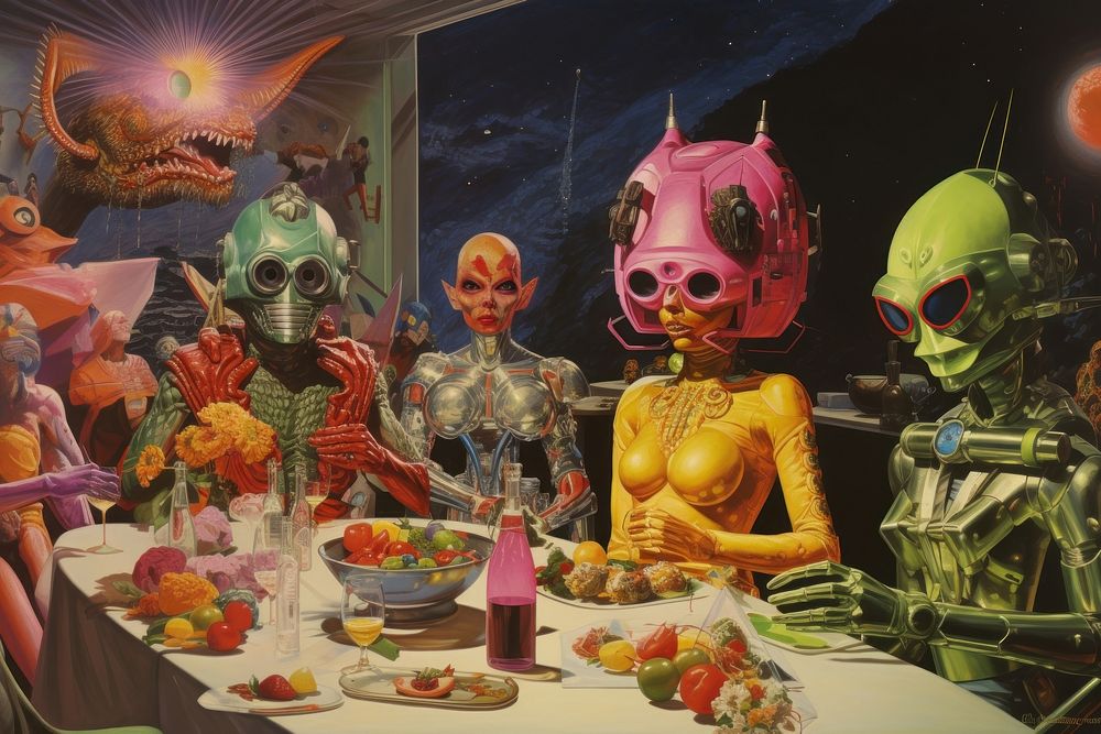 Party with humans and aliens food representation celebration