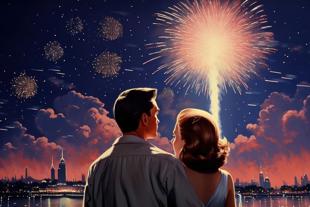 Couple watching fireworks architecture outdoors night. AI generated Image by rawpixel.