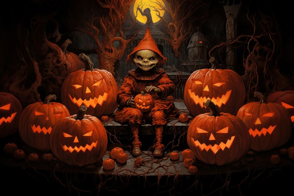 Little devil with pumpkins halloween anthropomorphic jack-o'-lantern. AI generated Image by rawpixel.