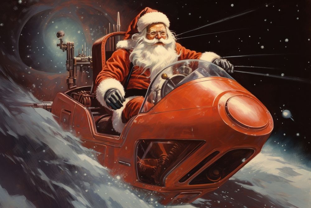 Santa claus on the spaceship vehicle car transportation. 