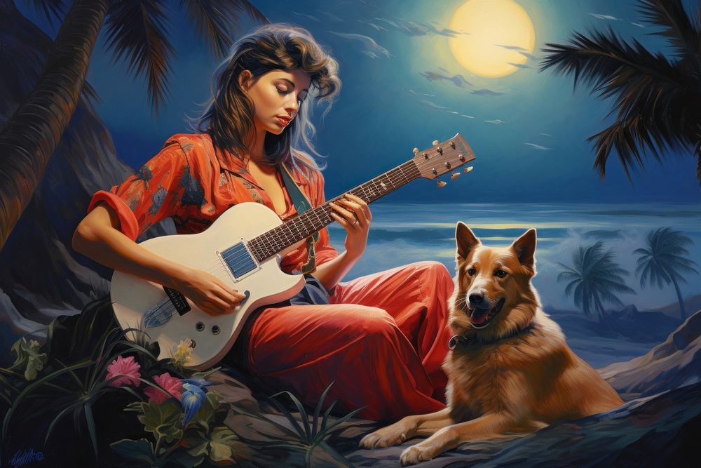 Woman playing guitar with a dog beside musician art pet