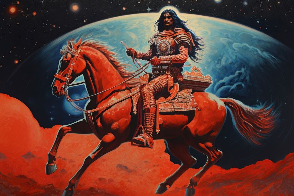 Space indian riding a horse animal mammal space. AI generated Image by rawpixel.