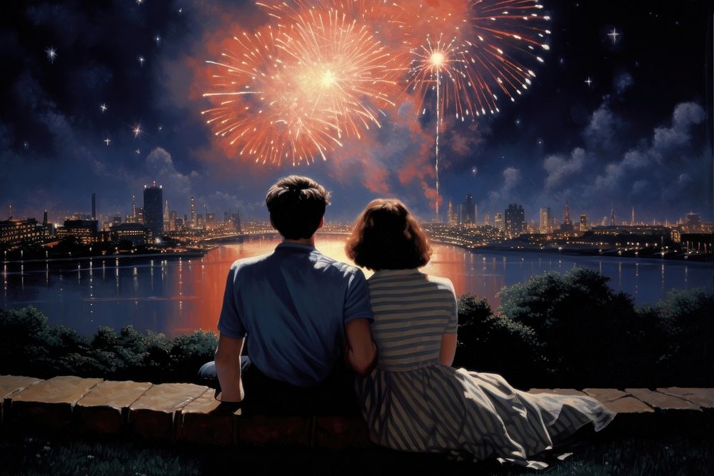 Couple watching fireworks architecture outdoors adult. AI generated Image by rawpixel.