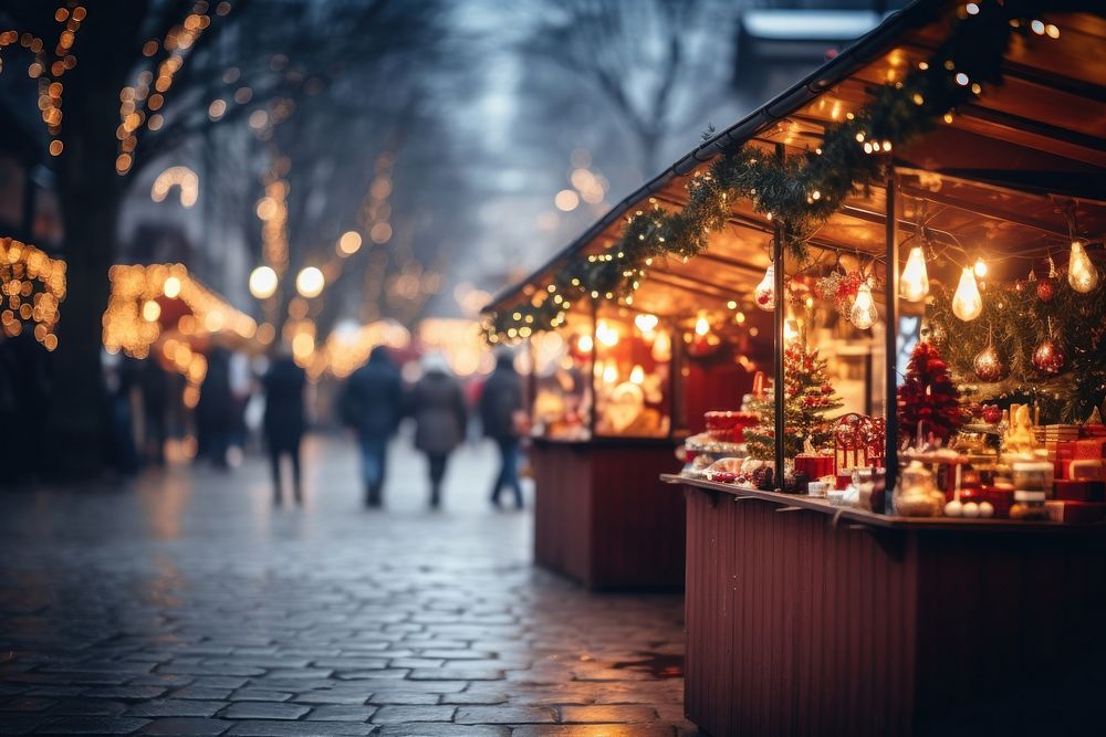 Christmas decoration lighting market. AI generated Image by rawpixel.