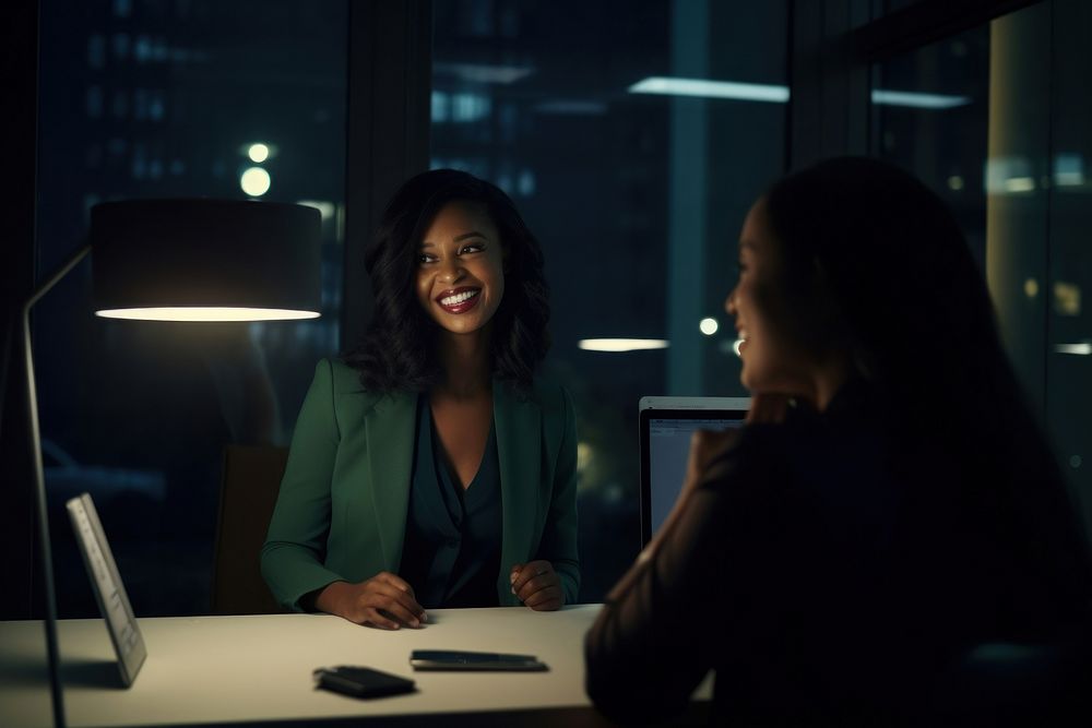 Black office woman adult night happy. AI generated Image by rawpixel.