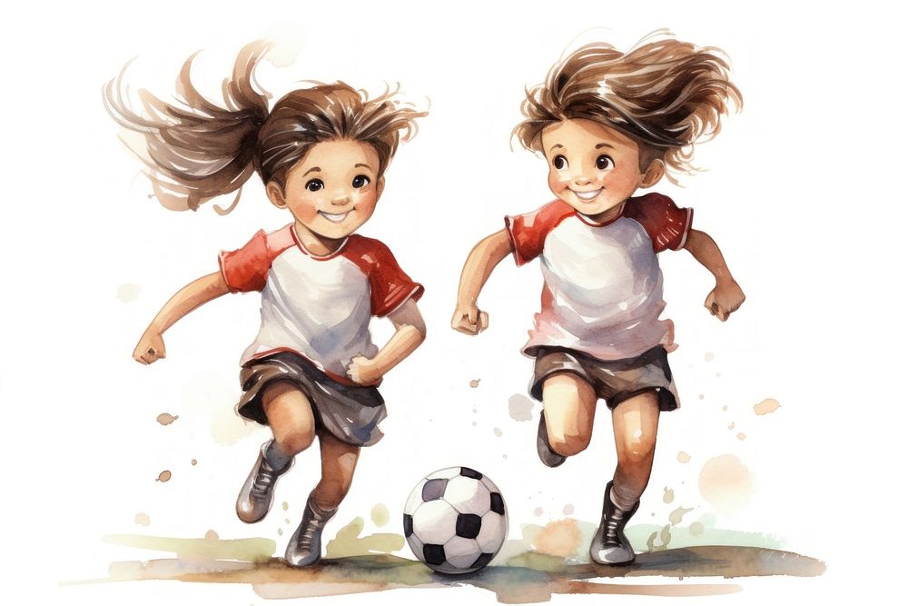 Girl soccer players kicking football cartoon sports cute. AI generated Image by rawpixel.
