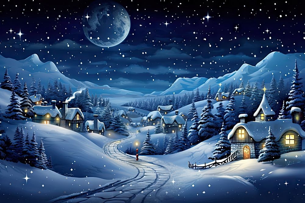 Winter landscape night snow christmas. AI generated Image by rawpixel.