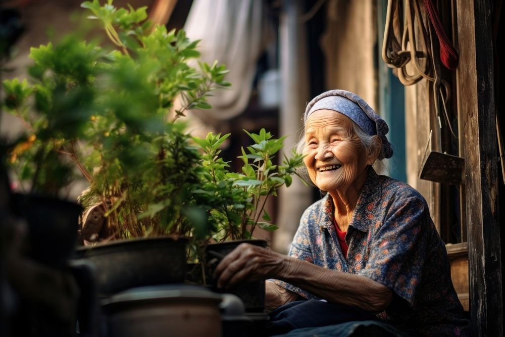 Old lady plant smiling adult. AI generated Image by rawpixel.