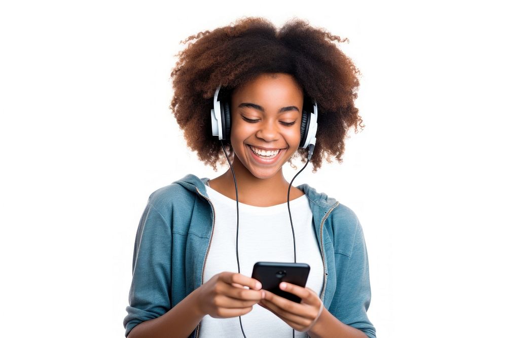 Black teenage girl streaming online music on mobile phone headphones smile adult. AI generated Image by rawpixel.