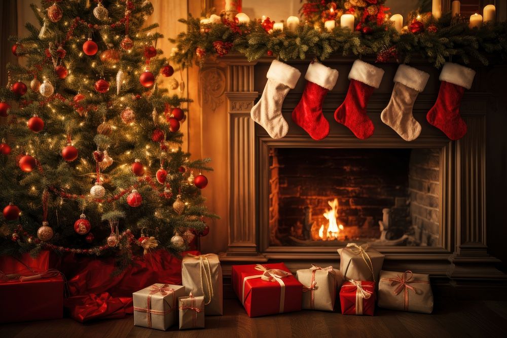 Eco bags hanging fireplace christmas hearth. AI generated Image by rawpixel.