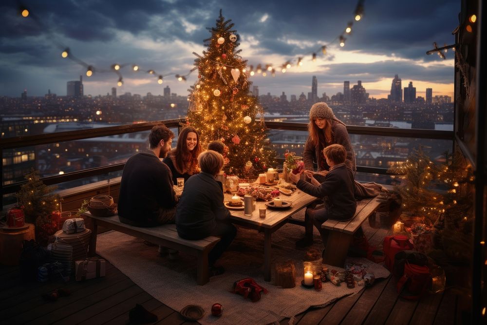 Family celebrating Christmas christmas adult food. AI generated Image by rawpixel.