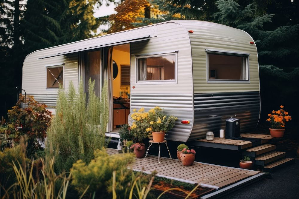 Retro trailer house architecture vehicle plant. AI generated Image by rawpixel.