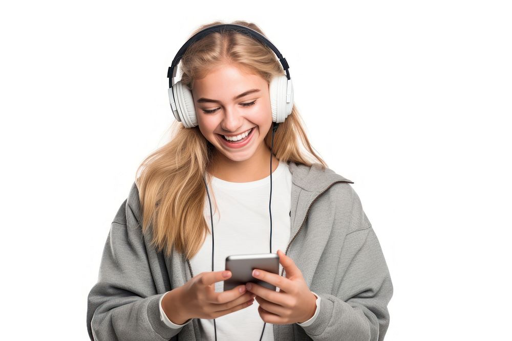 Teenage girl streaming online music on mobile phone headphones headset adult. AI generated Image by rawpixel.