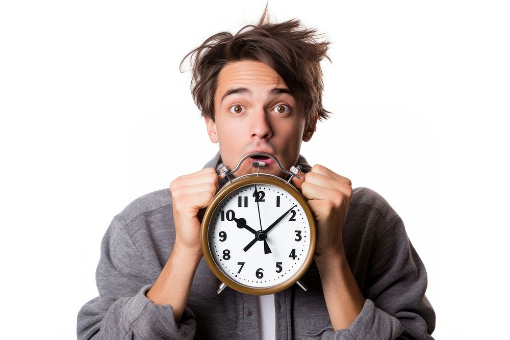 Tired student holding an alarm clock portrait photo white background. AI generated Image by rawpixel.