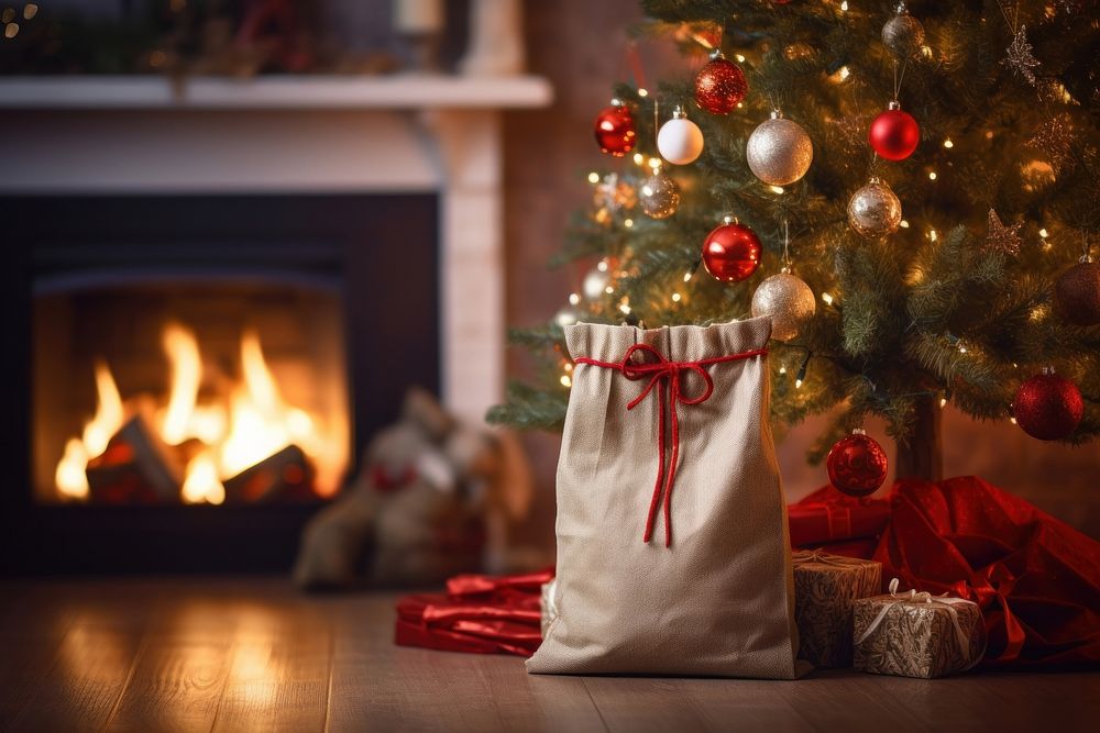 Eco bag hanging fireplace christmas tree. AI generated Image by rawpixel.